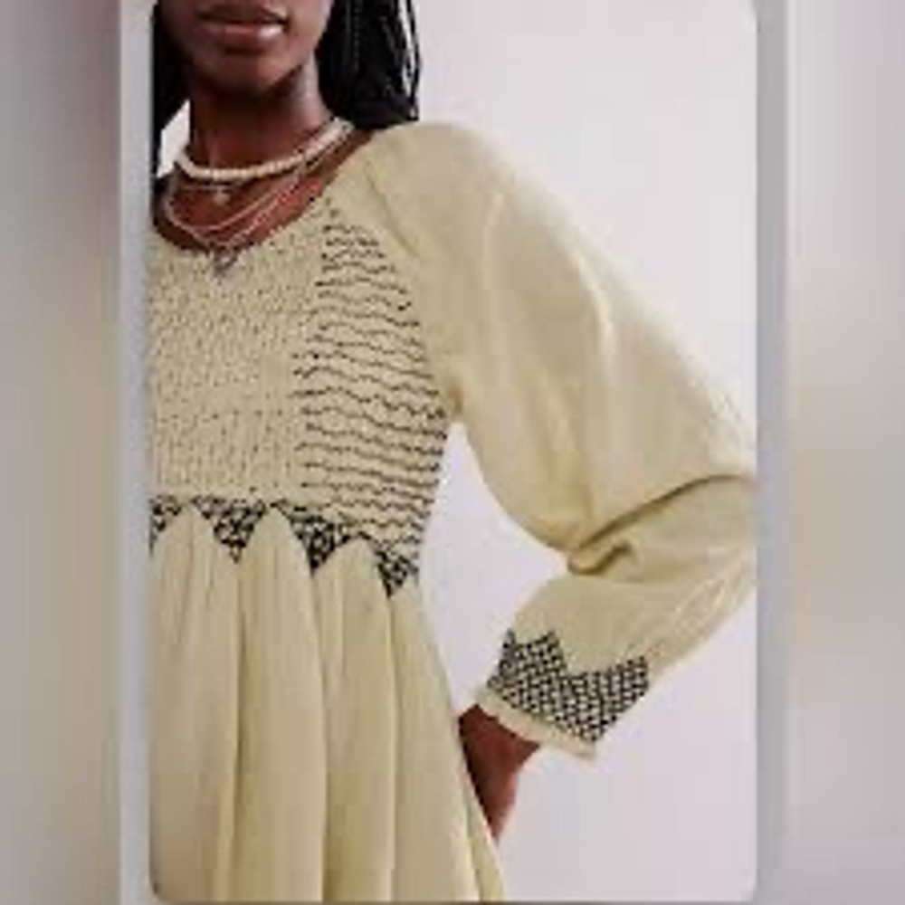 Free People Pale Yellow Smocked Mini Dress with Black Embroidery